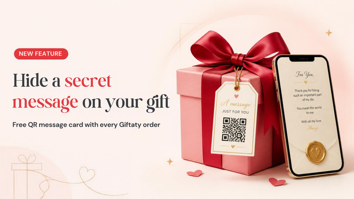 Giftaty free secret QR message card attached to a pink gift box