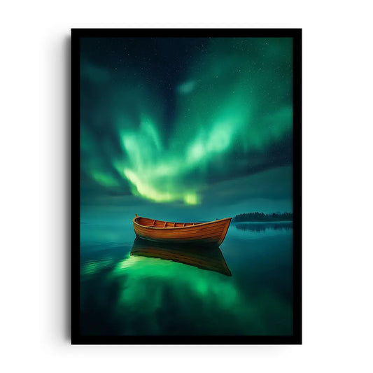 Framed abstract poster of flowing green, violet and teal gradients inspired by the northern lights