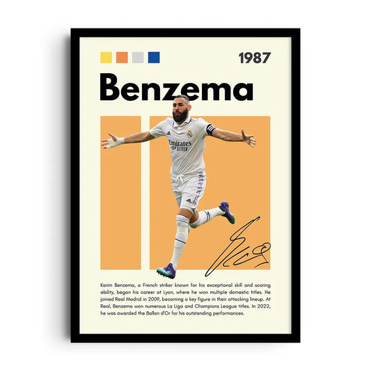 Framed poster of French striker Karim Benzema in a dynamic football composition with subtle motifs