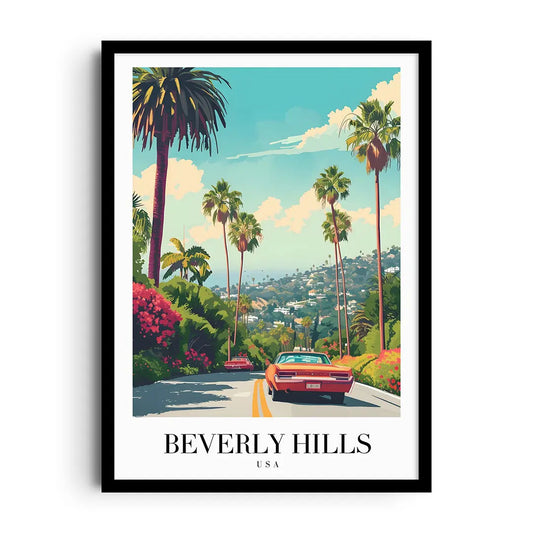 Framed poster of Beverly Hills architecture and palms in soft pastels with minimalist typography