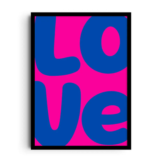 Framed modern poster with bold Bold Love typography surrounded by playful colorful hearts