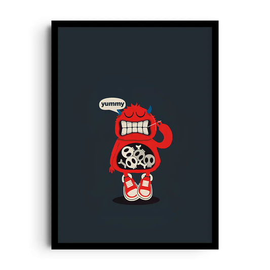 Framed poster of cheerful skeletons sharing dinner at a table, bold graphic style with a Bone Appetit pun