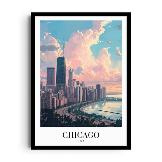 Framed poster of the Chicago skyline with classic skyscraper silhouettes in a minimalist style