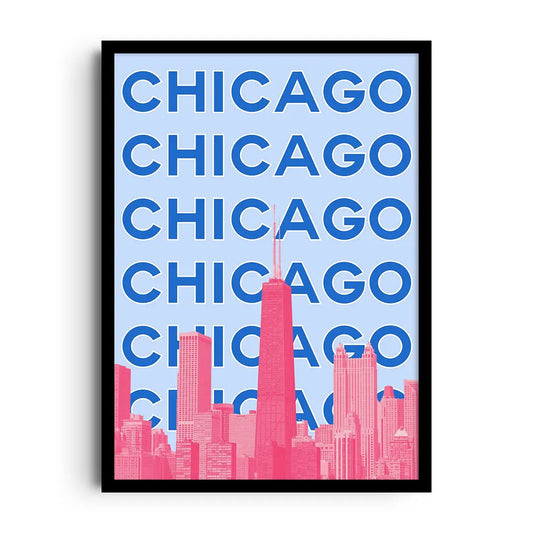 Framed poster of a stylised Chicago skyline above minimalist Chicago Strong typography