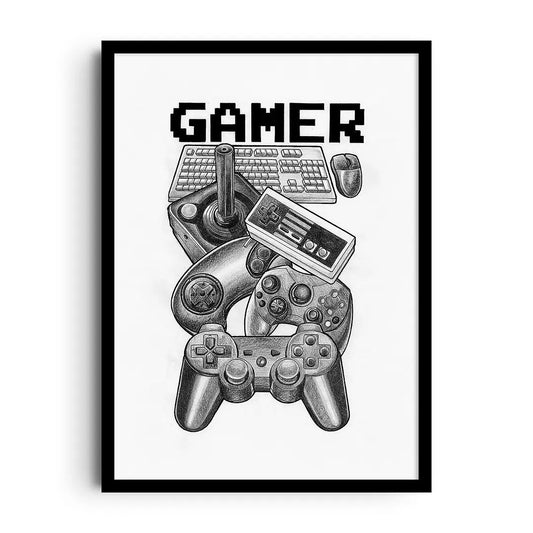 Framed poster showing game controllers evolving through the decades in retro-modern colour blocks