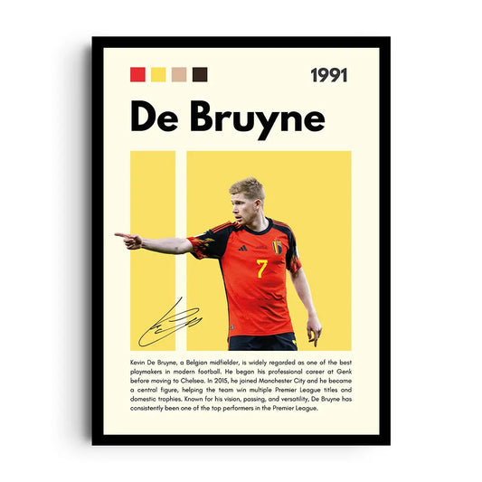 Framed poster of Kevin De Bruyne in an energetic playmaking moment, bold football graphic art