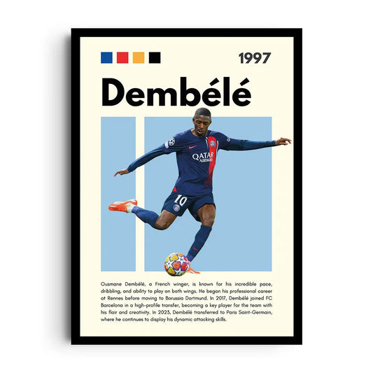 Framed poster of Ousmane Dembélé dribbling with flair in a lively, motion-filled football design