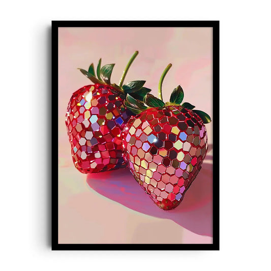 Framed retro poster of a sparkly berry styled like a disco ball in bright party colors
