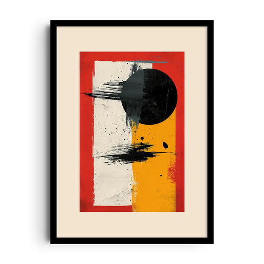 Framed abstract poster of planetary orbits and spheres in muted tones with luminous accents