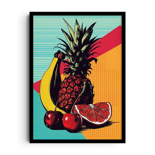 Framed pop art poster of playful fruit shapes in bright, bold colors