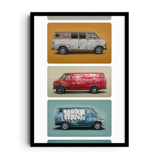 Framed poster of classic cars covered in colorful graffiti and spray-paint textures, streetwise urban wall art