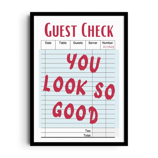 Framed poster styled as a retro diner guest check order pad in soft pastel colors