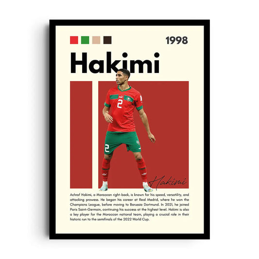 Framed poster of Moroccan footballer Achraf Hakimi in an athletic dynamic layout with a bold palette