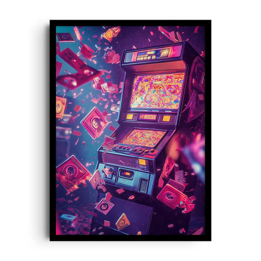 Framed poster with classic arcade game graphics and an insert coin theme in a modern colour palette