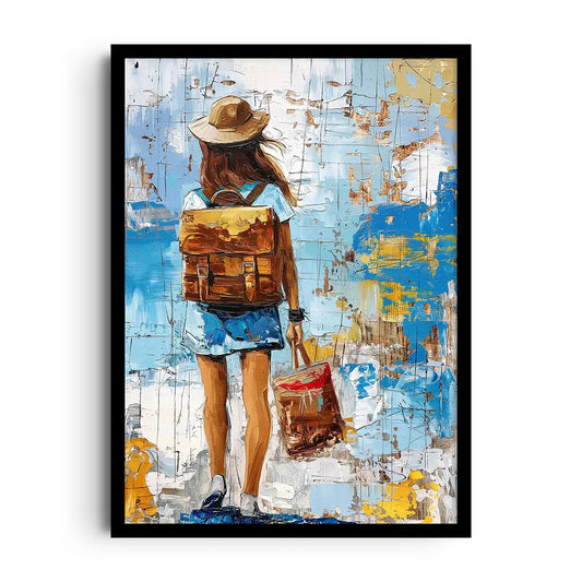 Framed poster of a travelling girl surrounded by soft map lines and calm colour gradients