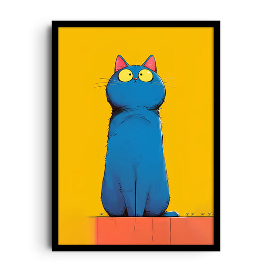 Framed pop art poster of a playful cat in bold colour blocks with simple mid-century lines