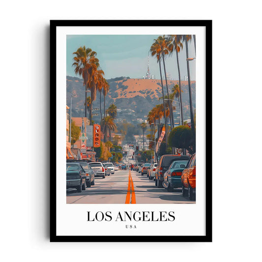 Framed poster of a palm-lined Los Angeles boulevard in crisp lines and warm sunlit colours