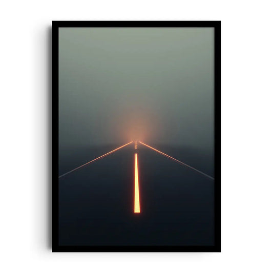 Framed poster of a lonely highway at night lit by headlights in vintage film-noir tones, moody road wall art