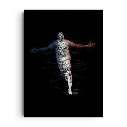 Framed poster of Kylian Mbappé sprinting with streaking motion lines, dynamic football wall art