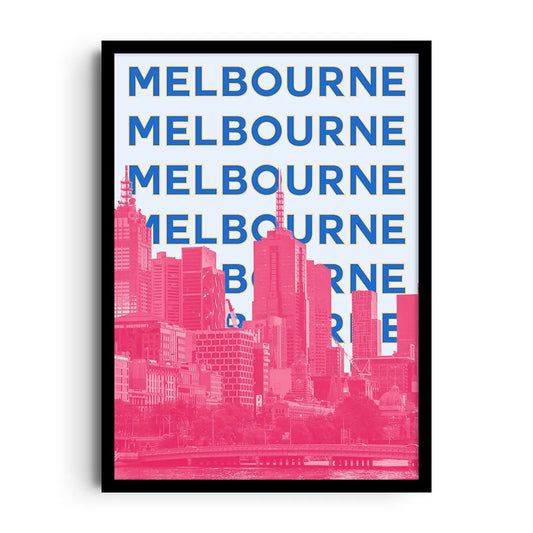Framed poster of Melbourne with graphic laneway lines and soft coastal colour tones