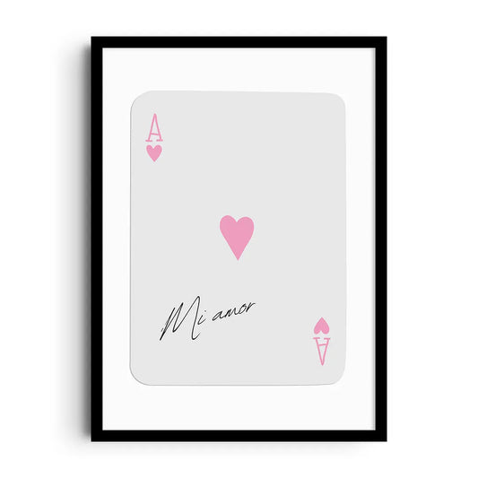 Framed romantic poster with hand-lettered Mi Amor and delicate love-themed motifs
