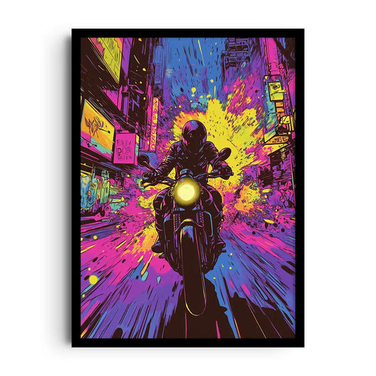 Framed poster of a race car speeding through inky darkness with streaks of light, moody night racing wall art