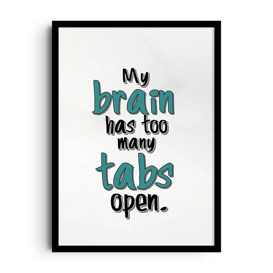 Framed poster of a busy head bursting with swirling ideas, doodles and sparks in an energetic graphic style