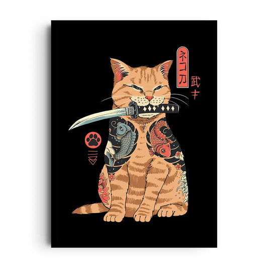 Framed Japanese-style poster of a cat dressed as a samurai warrior in a bold narrative design