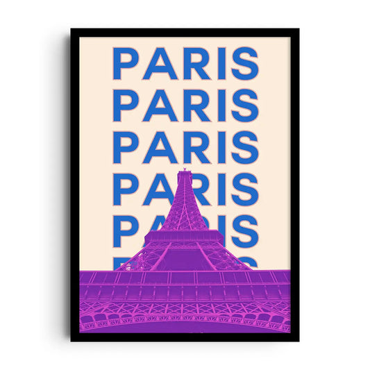 Framed poster of Paris landmarks including the Eiffel Tower glowing in neon lines at night