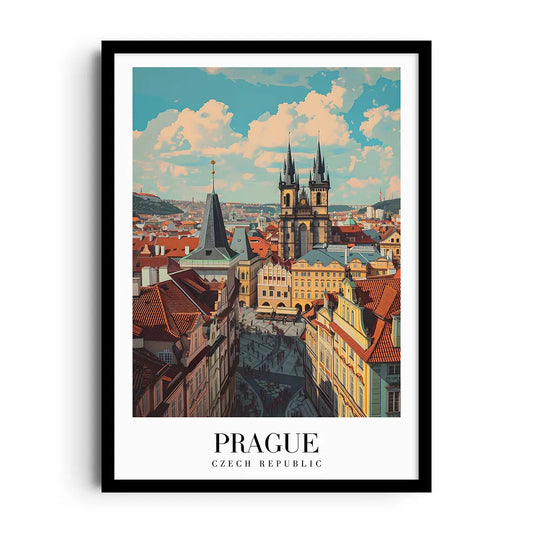 Framed poster of Prague's gothic spires and riverbanks in soft misty tones