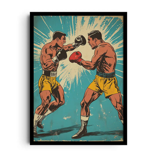 Framed poster of cartoon-style athletes in mid-action with witty caption bubbles, playful comic sports wall art