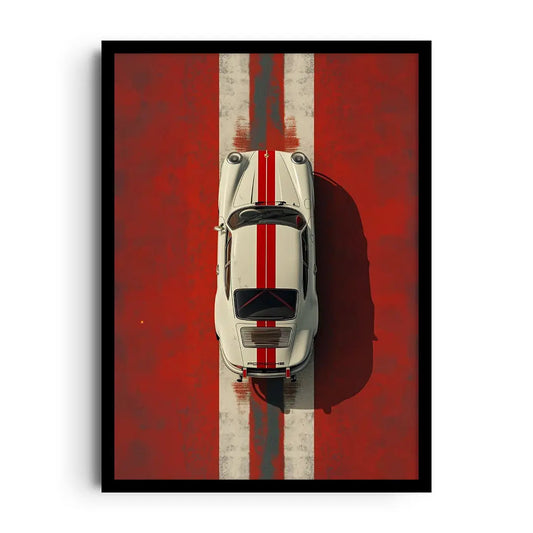 Framed poster of a vintage racing car with high-contrast red lines, classic motoring wall art