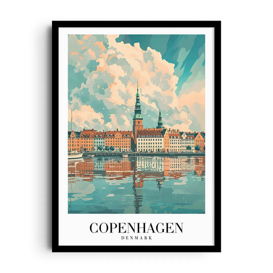 Framed poster of pastel canal-side houses in Copenhagen drawn in calm Scandinavian style
