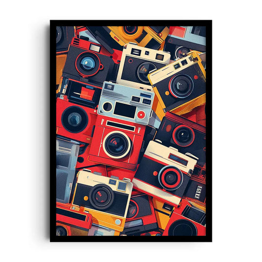 Framed poster of a retro optical collage with layered camera lens circles and bright color blocks