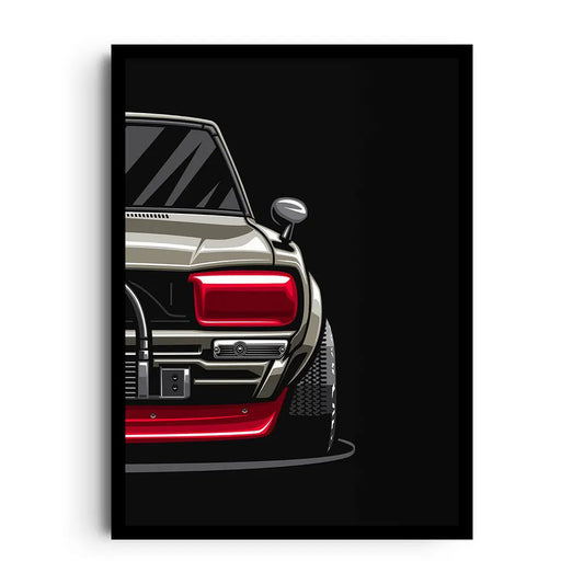 Framed poster of a vintage race car with bold retro typography and nostalgic colors, motorsport wall art