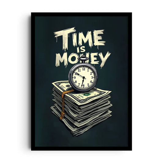 Framed poster with a bold upward tick mark and sleek minimalist typography symbolising wealth and growth