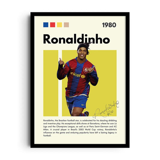Framed poster of Brazilian football legend Ronaldinho in joyful motion with expressive colour