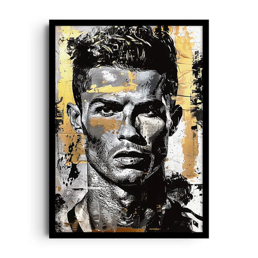 Framed poster of Cristiano Ronaldo with an intense focused expression, motivational football wall art
