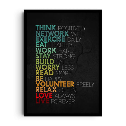 Framed poster listing simple rules to thrive in clean modern typography with a calm minimalist palette