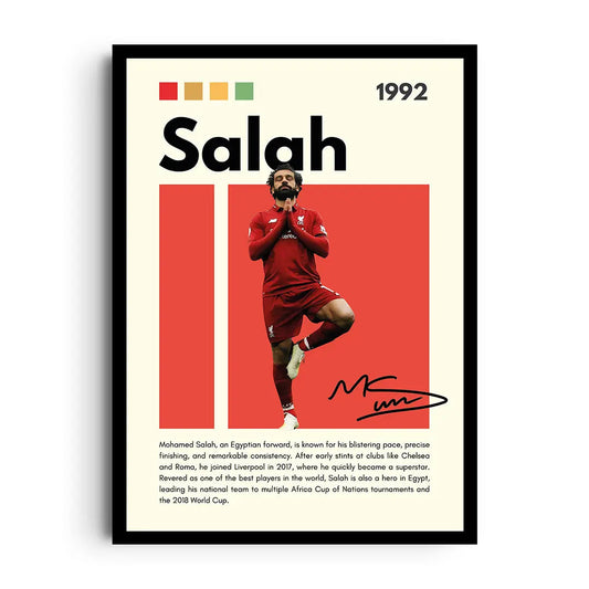 Framed action poster of Mohamed Salah under stadium lights with dynamic motion and bold accents