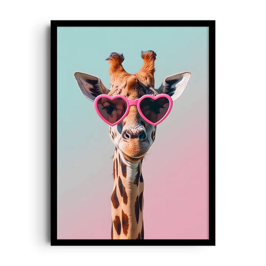 Framed poster of a sassy savanna animal with witty lettering on a warm sunset safari background