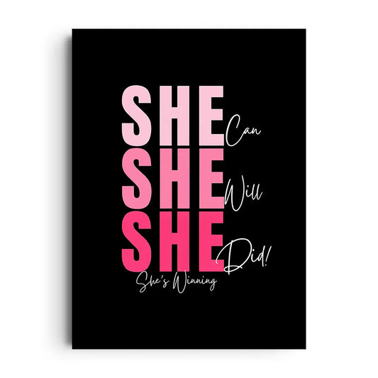 Framed motivational typography poster reading She Conquer with modern lettering and soft accents