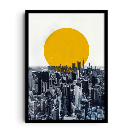 Framed poster of a stylised rising sun made of simple geometric shapes in warm sunlit hues