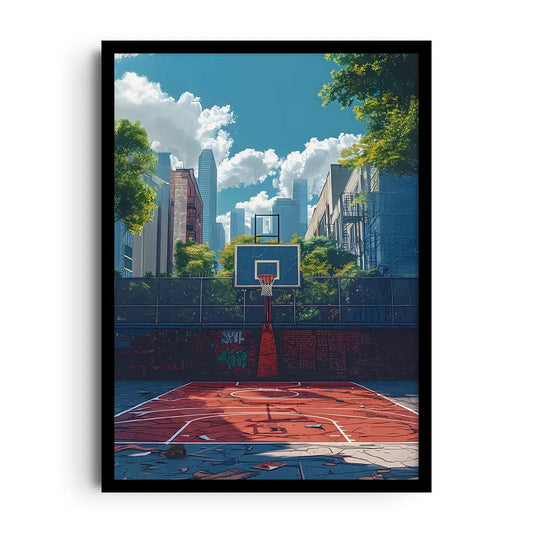 Framed poster of an urban street basketball court with bold graphics and gritty tones, streetball wall art