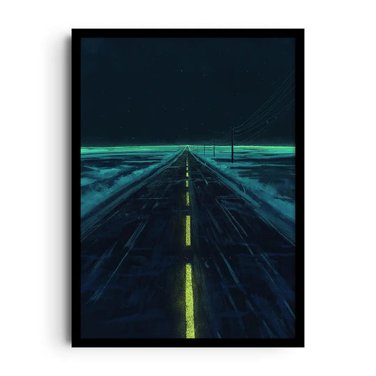 Framed poster of a solitary road stretching to the horizon beneath a dramatic sky, minimalist open road wall art