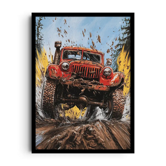 Framed poster of a powerful car surrounded by roaring motion lines and bold color, high-octane wall art
