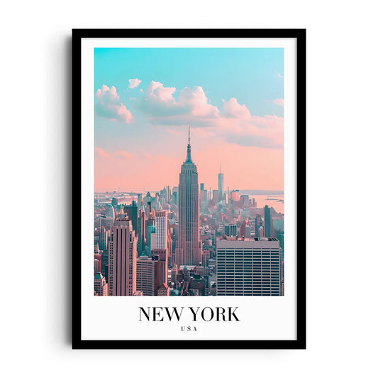 Framed poster of the New York skyline with bold typography and subtle vintage accents