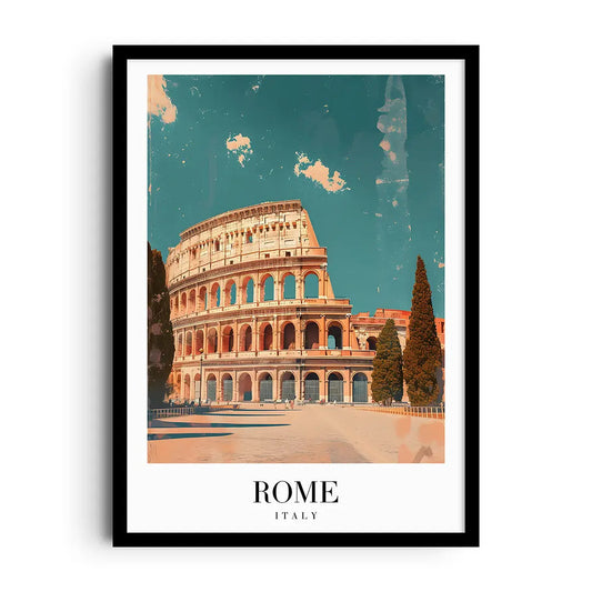 Framed poster of Rome with classical architecture and cobbled streets over vintage map lines