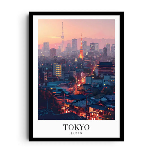 Framed poster of a minimalist Tokyo cityscape with clean lines and vibrant colour accents