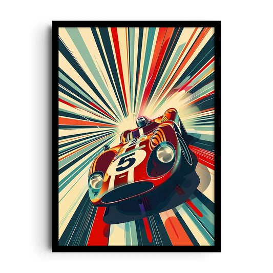 Framed poster of bold speed streaks and layered textures racing across the frame, kinetic motion wall art